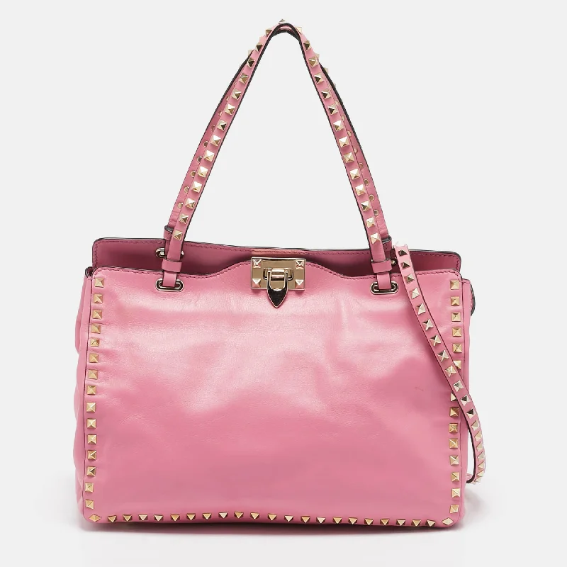 Valentino Pink Leather Medium Rockstud Trapeze Tote