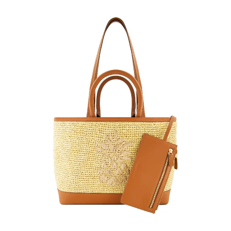 Leather Trim Raffia Tote with pouch