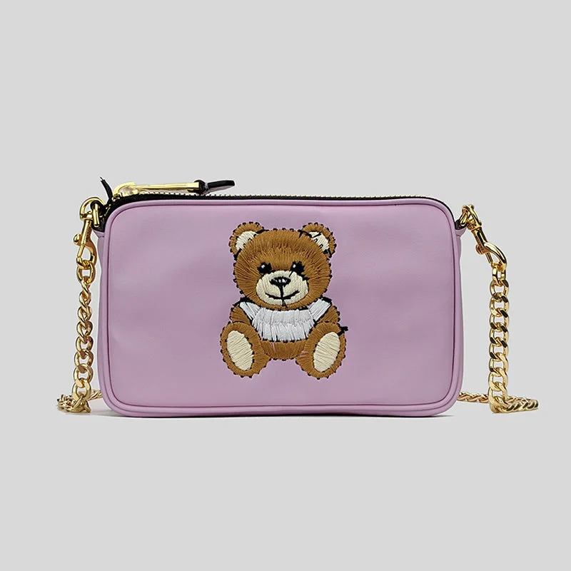 Moschino Couture Teddy Embroidered Chain Crossbody Bag Soft Lilac A7525