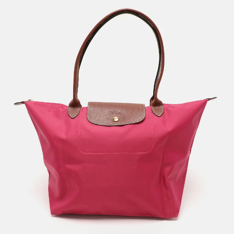 Longchamp Pink/brown Nylon And Leather Large Le Pliage Tote