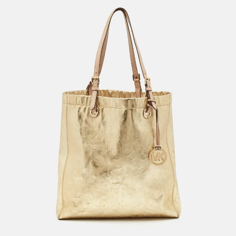 Michael Kors Gold Signature Mirrored Patent Leather North South Tote