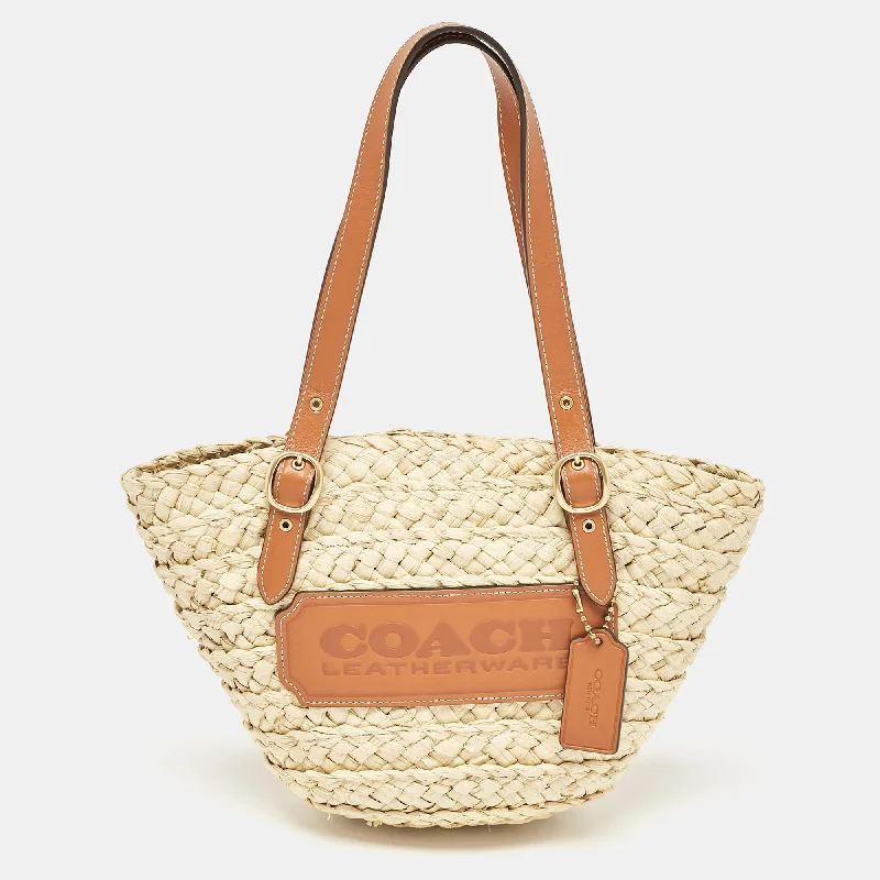 Coach Beige/brown Raffia And Leather Structured 16 Tote