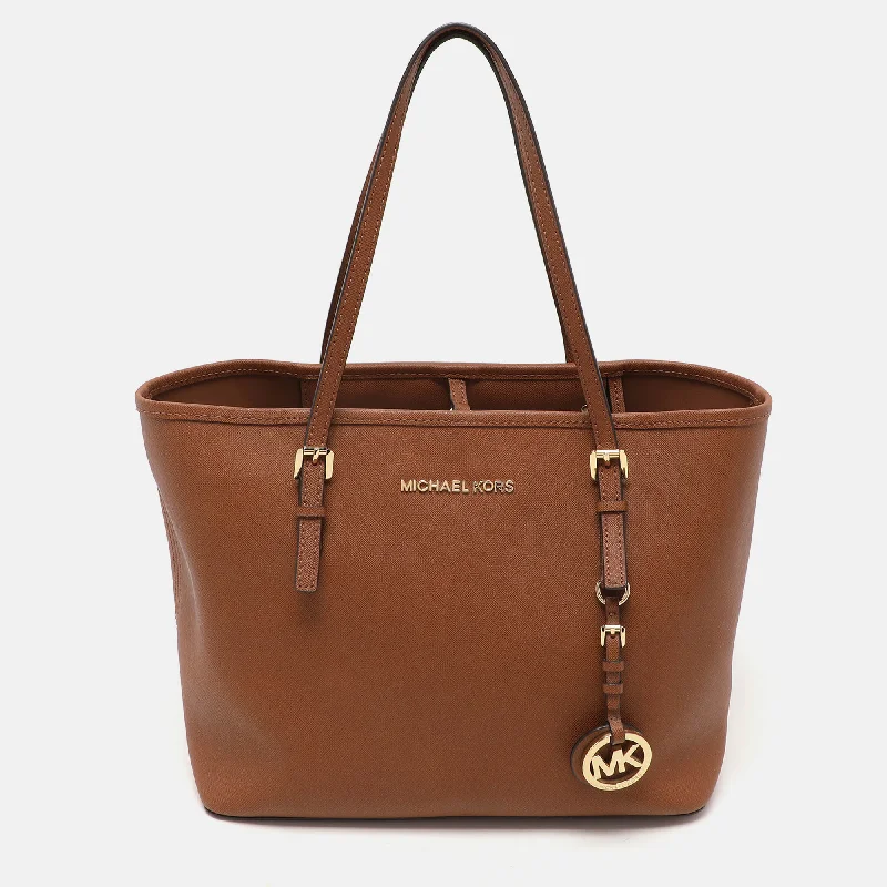 Michael Kors Brown Saffiano Leather Small Jet Set Travel Tote