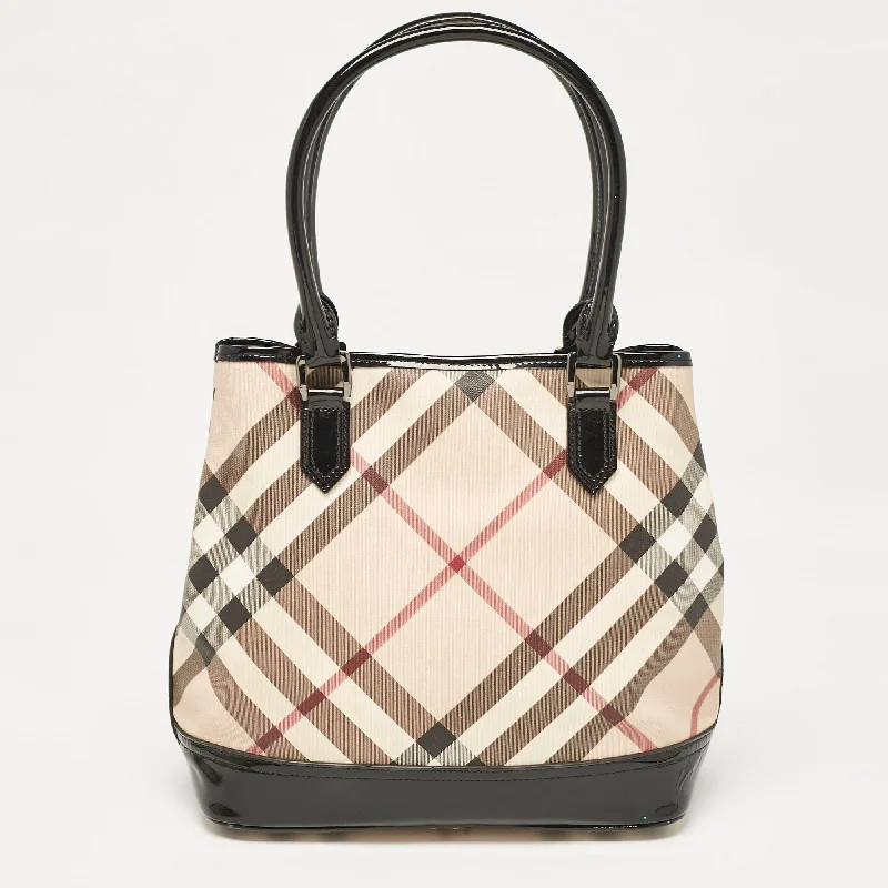 Burberry Black/beige Nova Check Pvc And Patent Leather Eden Tote