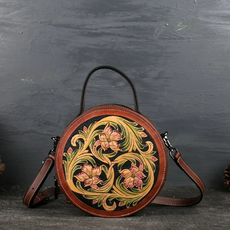 Small Womens Tooled Leather Circle Bag Round Leather Crossbody Bag For Women