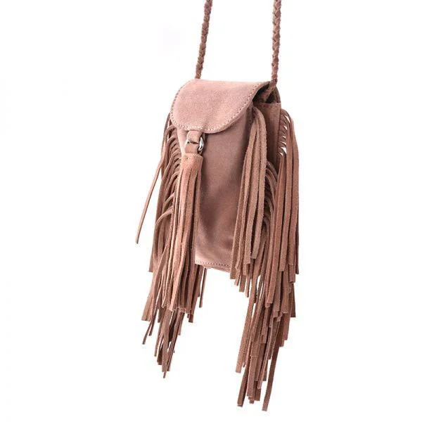 Womens Small Leather Crossbody Boho Bag Fringe Purse for Women