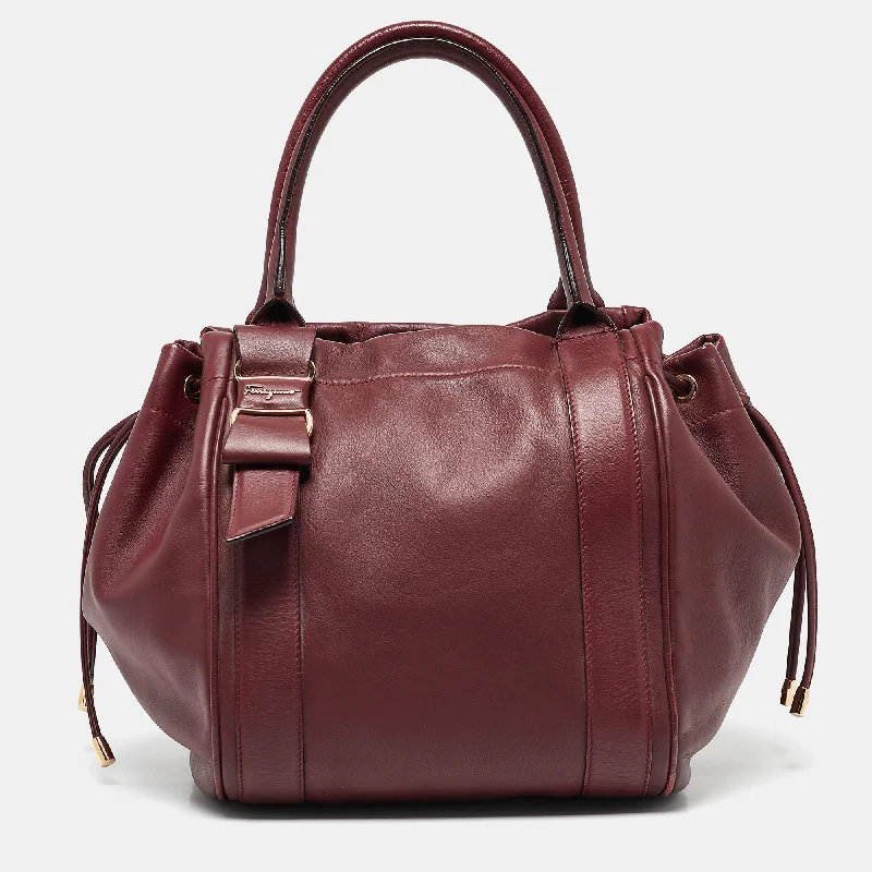 Salvatore Ferragamo Burgundy Bow Drawstring Tote