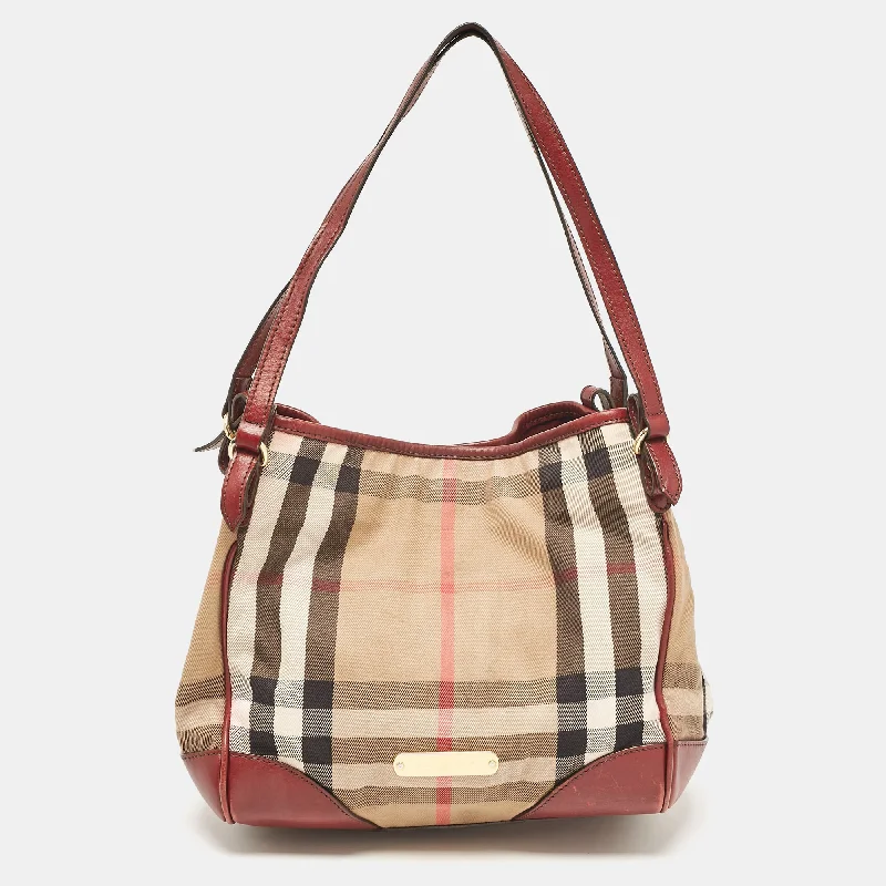 Burberry Beige/maroon Leather And House Check Fabric Small Canterbury Tote