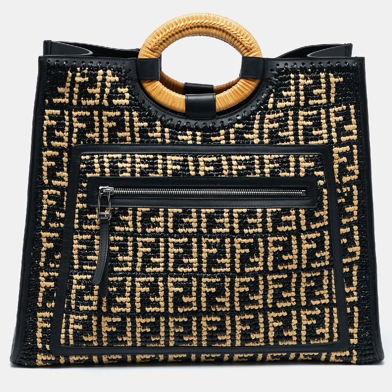 Fendi Black/natural Ff Raffia And Leather Large Runaway Shopper Tote