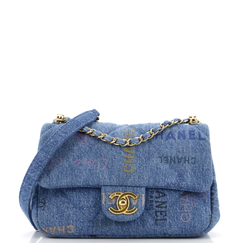 Denim Mood Flap Bag Logo Printed Quilted Denim Small