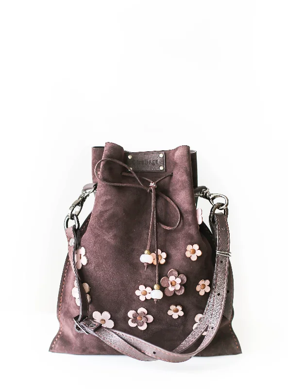 Dark Brown Floral Suede Pouch Bag