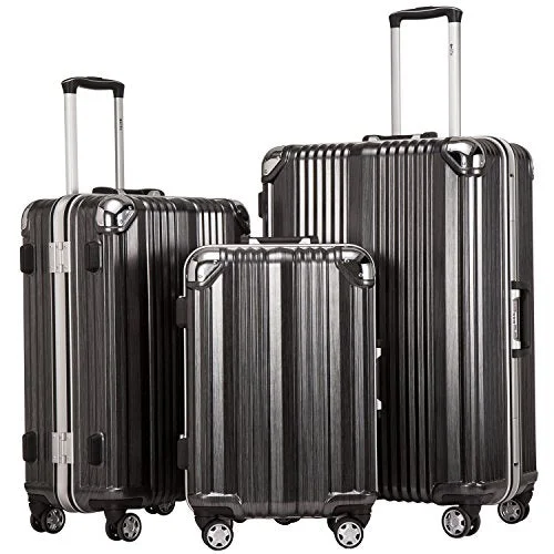 Coolife Luggage Aluminium Frame Suitcase 3 Piece Set with TSA Lock 100% PC (BLACK)