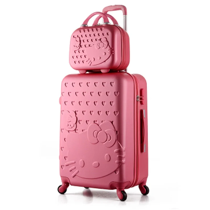 14+24 Inch Pink Women Cartoon Hello Kitty Suitcase Set,Spinner Rolling Luggage Sets,Trolley Luggage