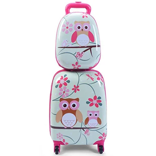 GHP 16"×12"×8.5" ABS Kids Owl Shaped Trolley Suitcase Luggage w 12" School Backpack