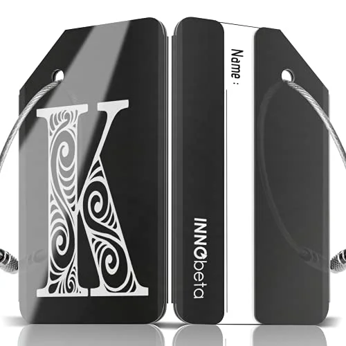 Initial Luggage Tags for Men and Women, Personalised Stainless Steel Luggage Labels for Suitcases X 1 Piece, Mirrow Black, Letter K