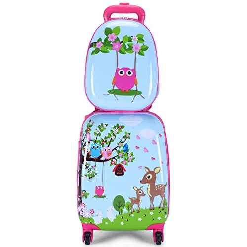 GHP 16"×12"×8.5" ABS Kids Animal Shaped Trolley Suitcase Luggage w 12" School Backpack