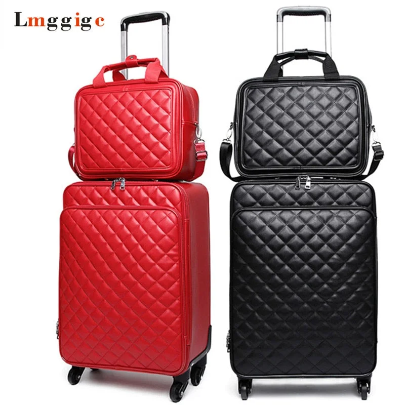 Women 'S Waterproof Pu Leather Travel Rolling Luggage Suitcase Bag Trolley Case Set, New