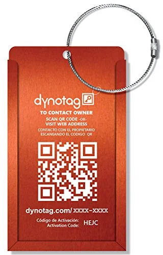 Dynotag Web Enabled Smart Aluminum Convertible Luggage ID Tag + Braided Steel Loop, with DynoIQ & Lifetime Recovery Service (Electric Orange)