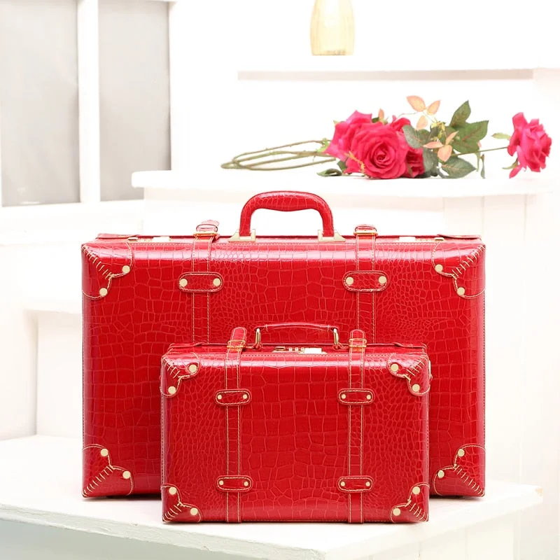 Korea Fashion Female Red Pu Leather Retro Suitcase Sets,Bride Vintage Married Suitcases