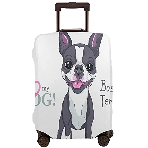 Travel Luggage Cover，Bull Smiling Dog Boston Terrier Breed Standin，Washable Elastic Durable , With Concealed Zipper Suitcase Protector Fits For 22-24 Inch -M.