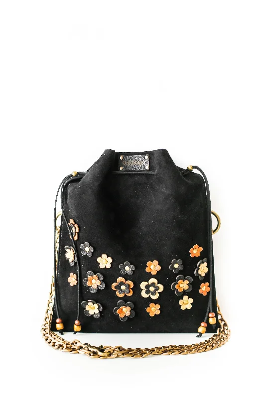 Black Floral Suede Pouch Bag