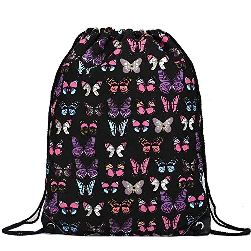 Cotton Canvas Waterproof Printed Drawstring Gym Work Backpack Rucksack (Butterfly Black)