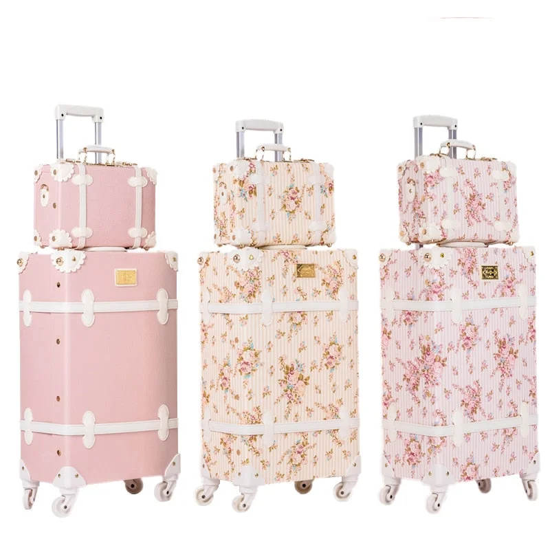 Beasumore Retro Pink Pu Leather Rolling Luggage Set Spinner Suitcase Wheel Vintage Cabin Trolley