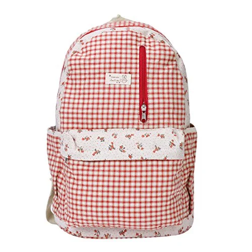 Damara Classic Lattice Print Zipper Backpack Rucksack,Red