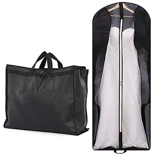 70" Bridal Wedding Gown Garment Bag Extra Large Foldable Portable Travel Dress Cover Hanging Luggage with Pockets for Womens, 8" Gusseted Black